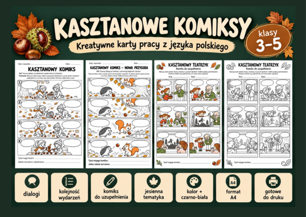 Kasztanowe komiksy – jesienne karty pracy z języka polskiego dla klas 3–5 - jesień - ćwiczenia redakcyjne