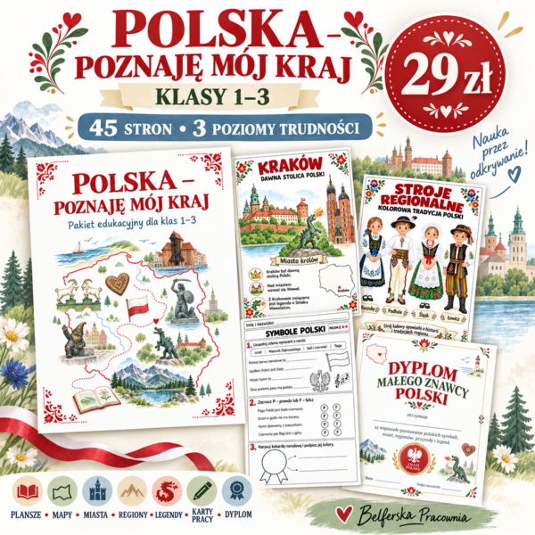 „Polska – poznaję mój kraj” to duży pakiet edukacyjny dla klas 1–3, który można wykorzystywać przez cały rok — nie tylko podczas świąt narodowych!
