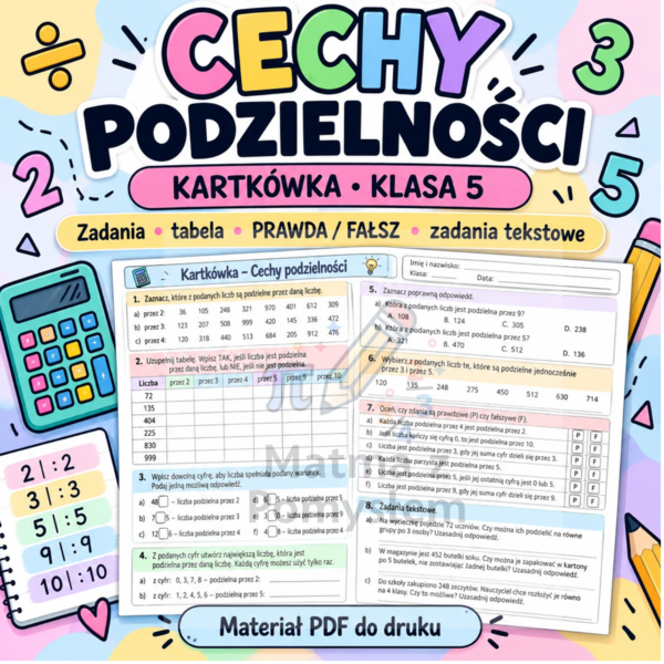 Kartkówka – Cechy podzielności | Klasa 5 | PDF do druku