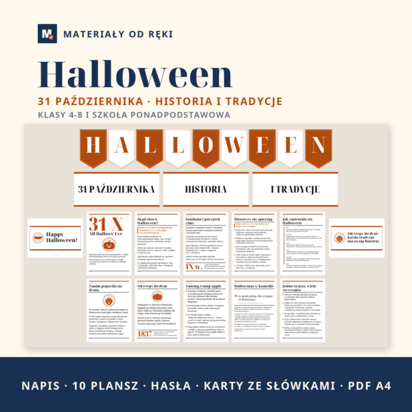 Gazetka na Halloween 31 października: napis, 10 plansz o historii i tradycjach z osią czasu, hasła i karty ze słówkami, klasy 4-8 i szkoła ponadpodstawowa