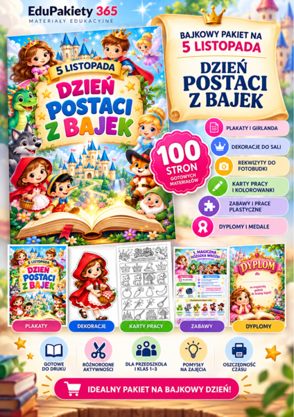 Dzień Postaci z Bajek  | 100 stron – dekoracje, karty pracy, zabawy, dyplomy