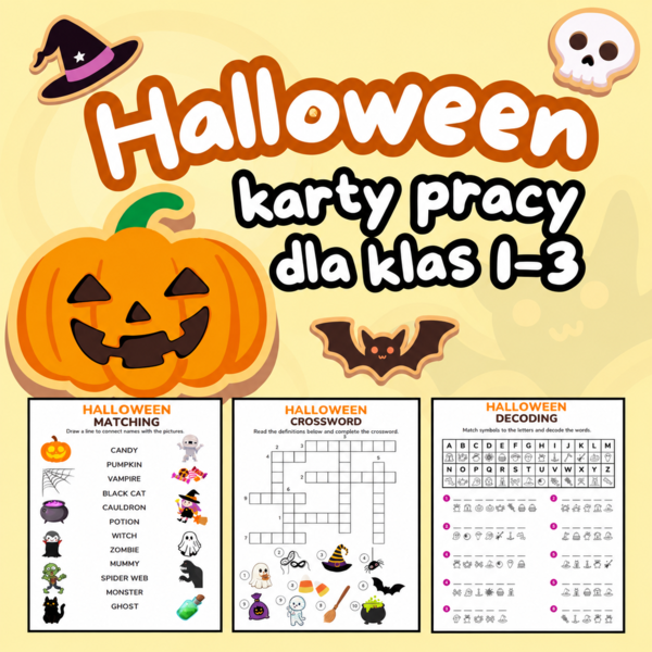 HALLOWEEN - Karty pracy z angielskiego dla klas 1-3 (wykreślanka, kodowanie, krzyżówka, kolorowanki, czytanie, łączenie  i WIĘCEJ!)