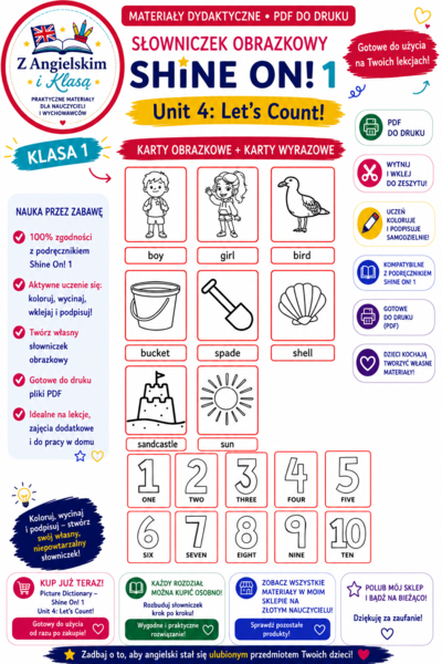 Shine On! 1 – Unit 4: Let's Count! | Karty obrazkowe i karty wyrazowe | PDF do druku