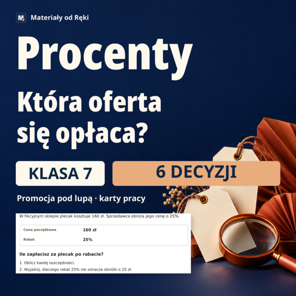 Procenty - klasa 7 | 6 decyzji zakupowych, arkusze A/B i wyjściówki