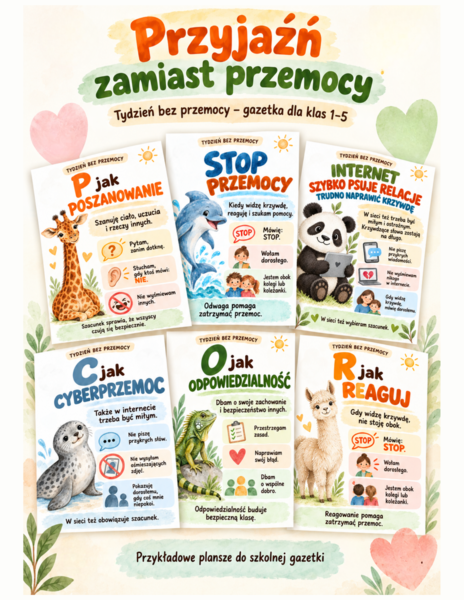 Przyjaźń zamiast przemocy- gazetka na tydzień bez przemocy, tydzień budowania relacji
