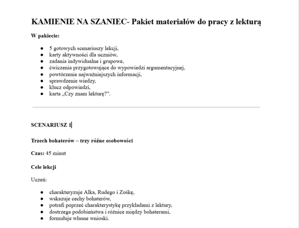 Kamienie na szaniec- pakiet materiałów do pracy z lekturą
