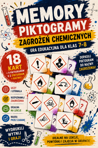 MEMORY – Piktogramy zagrożeń chemicznych | 18 kart | Gra dla klas 7–8