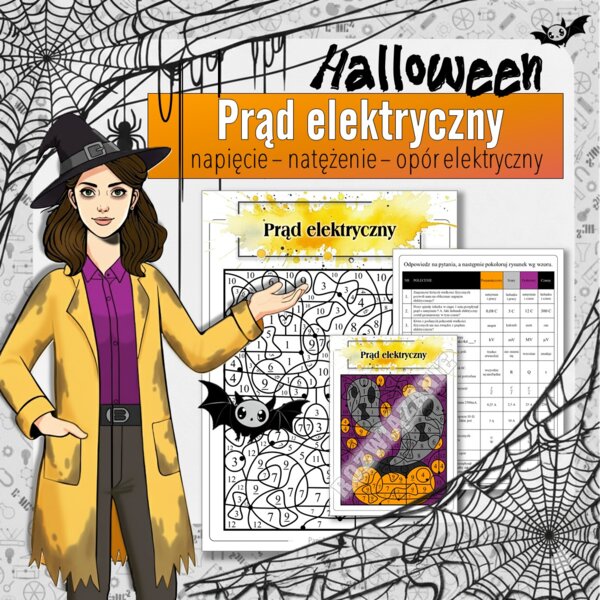 Prąd elektryczny - Karta pracy, Kolorowanka naukowa | Fizyka klasa 8 | Halloween