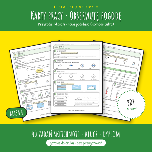 Przyroda kl. 4: Obserwuję pogodę – Zestaw kart pracy Sketchnote + Klucz + Dyplom | Złap Kod Natury