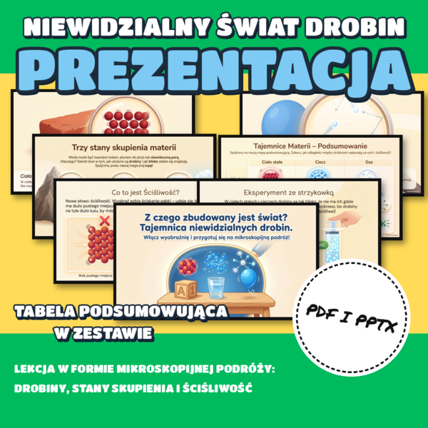 Obserwuję zjawiska przyrodnicze: Materia jest zbudowana z drobin- prezentacja multimedialna (przyroda, klasa 4)