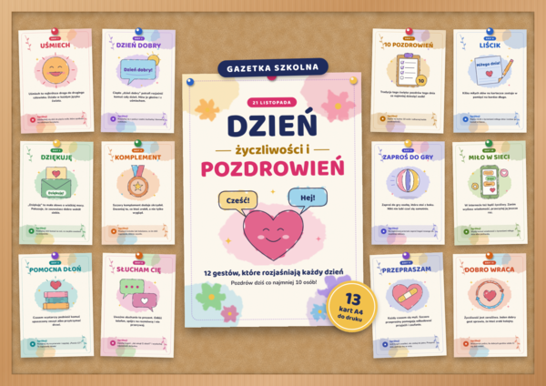 Dzień Życzliwości i Pozdrowień – gazetka szkolna do druku | 13 kart A4 w stylu akwareli