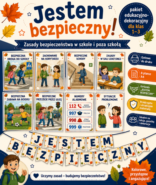 Jestem bezpieczny- pakiet edukacyjno- dekoracyjny dla klas 1-3