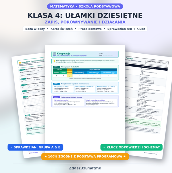 Klasa 4 Matematyka | Dział 5: Ułamki dziesiętne i działania | Teoria + Zadania + Sprawdziany + klucz
