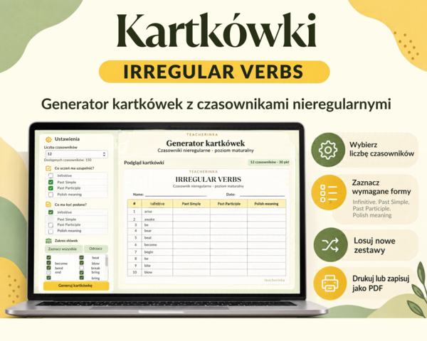 Irregular Verbs -Czasowniki nieregularne - Kartkówki - Generator - Matura
