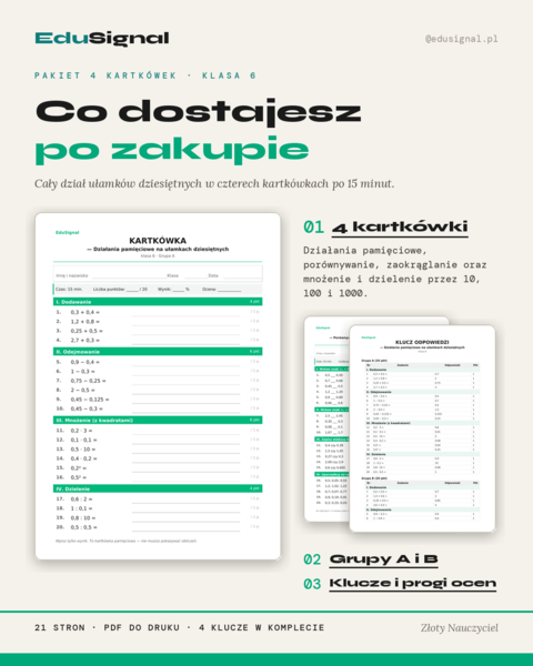 Ułamki dziesiętne — pakiet 4 kartkówek, klasa 6 (2 grupy + wersja dostosowana + klucze)