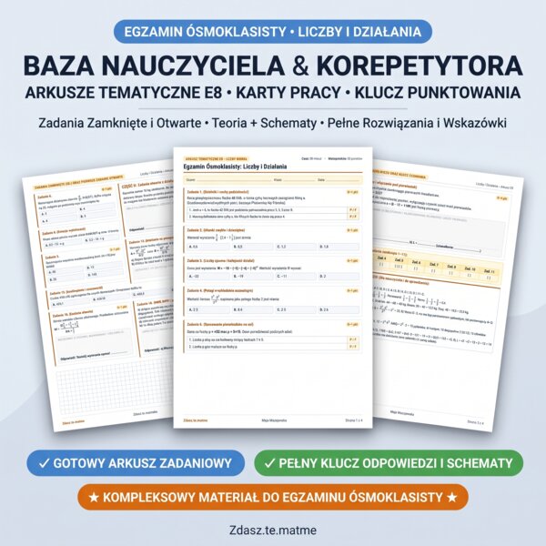 Egzamin Ósmoklasisty: Liczby i Działania – Arkusz Tematyczny E8 (16 zadań + Karta + Pełny Klucz)