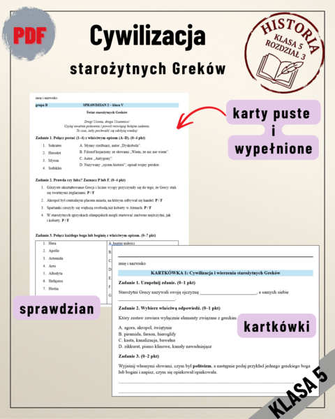 Historia 5: Świat starożytnych Greków (sprawdzian i 3 kartkówki)