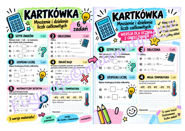 Mnożenie i dzielenie liczb całkowitych – kartkówka klasa 6| Wersja podstawowa + z orzeczeniem | Rozwiązania