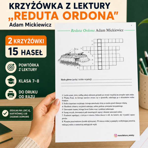 Krzyżówki z lektury „Reduta Ordona” – 2 karty pracy | Klasy 7–8 | sprawdzian, kartkówka, egzamin ósmoklasisty, powtórzenie