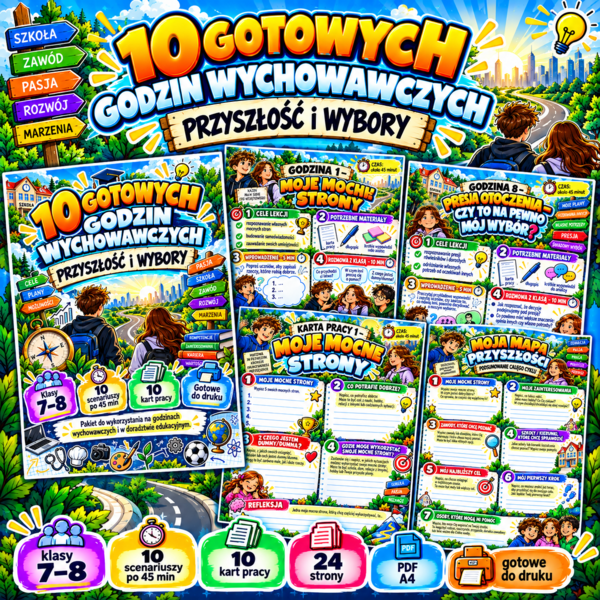 10 GOTOWYCH GODZIN WYCHOWAWCZYCH – PRZYSZŁOŚĆ I WYBORY | 10 scenariuszy + 10 kart pracy | klasy 7–8 | PDF A4