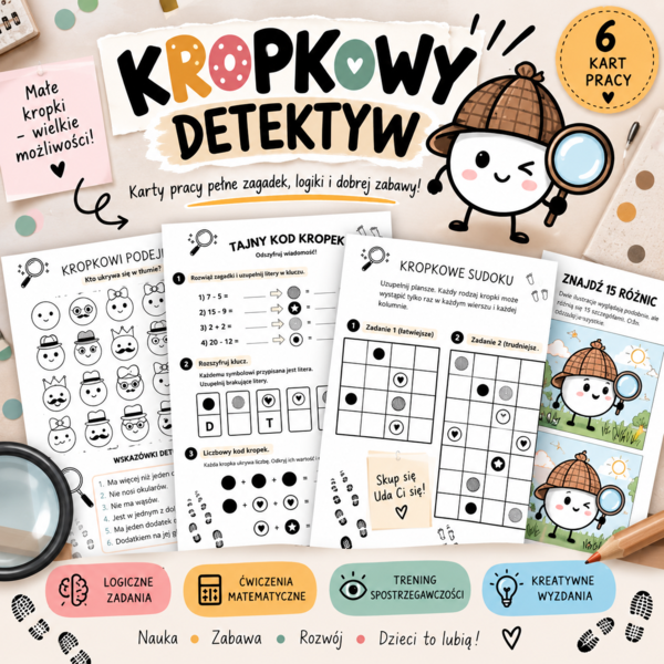 Pakiet na Dzień Kropki - 6 kart pracy „Kropkowy detektyw” (Zagadki, Sudoku, Szyfry i Łamigłówki)