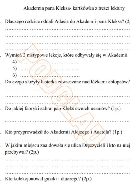 Akademia pana Kleksa- kartkówka z treści lektury.