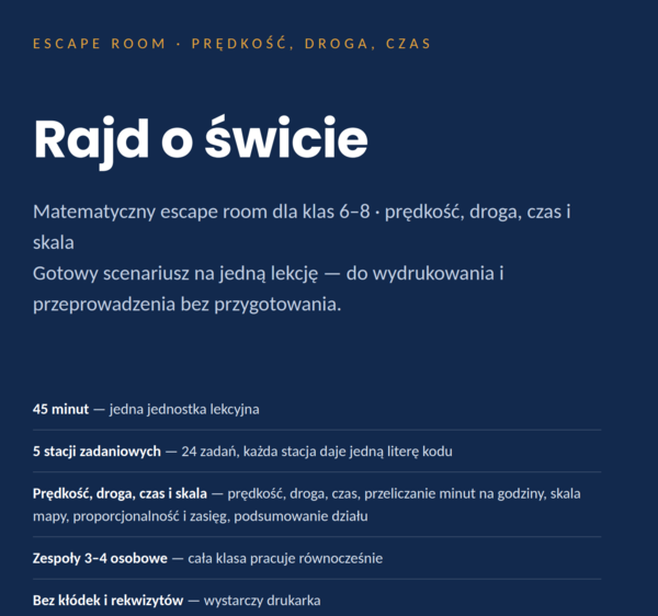 Escape room matematyczny: Rajd o świcie — prędkość, droga, czas (klasy 6–8, PDF)