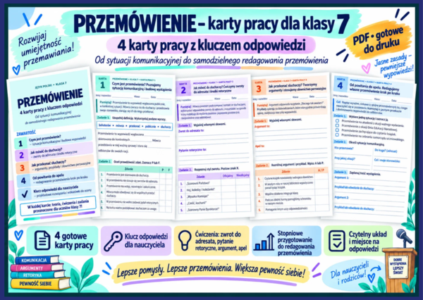 ✍️ PRZEMÓWIENIE – 4 karty pracy dla klasy 7 z kluczem odpowiedzi