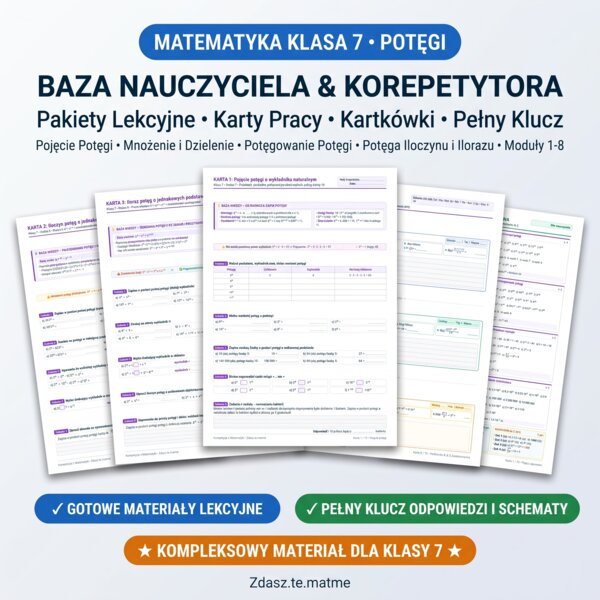 Potęgi o Podstawach Naturalnych Klasa 7 – Kompletny Pakiet Edukacyjny (8 Kart Pracy + Kartkówka Grupa A, B i C SPE + Pełny Klucz)