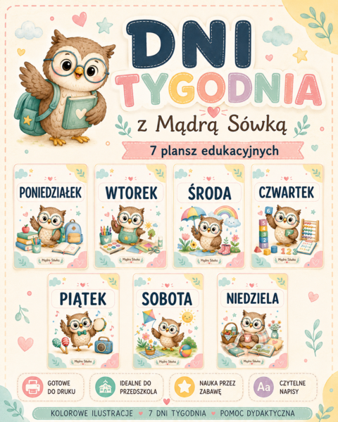 Dni Tygodnia z Mądrą Sówką – 7 plansz edukacyjnych
