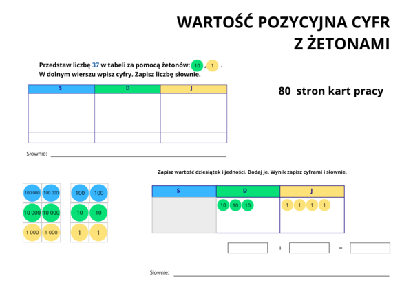 Wartość pozycyjna cyfr  z  żetonami – 80 kart pracy - zapis i odczyt liczb