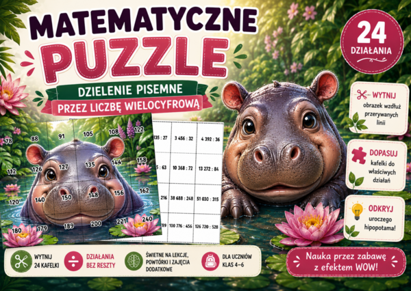 🦛 Matematyczne Puzzle – Dzielenie pisemne przez liczby wielocyfrowe | Klasy 4–6