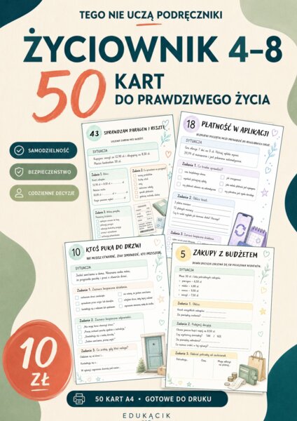 🧭ŻYCIOWNIK 4–8 – 50 kart pracy do prawdziwego życia🌿