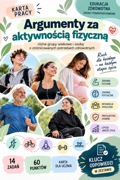 KARTA PRACY + KLUCZ ODPOWIEDZI  Argumenty za aktywnością fizyczną – różne grupy wiekowe i osoby o zróżnicowanych potrzebach zdrowotnych | edukacja zdrowotna
