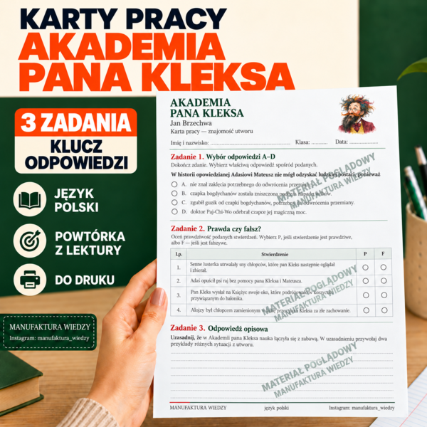 „Akademia pana Kleksa” – karta pracy z odpowiedziami dla nauczyciela | znajomość lektury