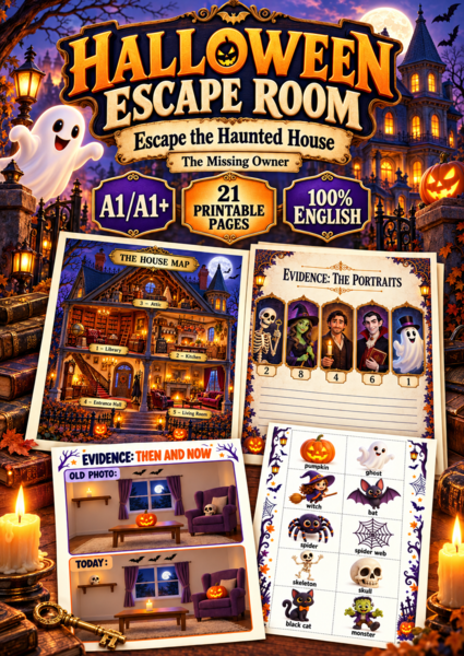 Halloween Escape Room – Ucieczka z nawiedzonego domu | klasy 4–6 | A1/A1+ | 21 stron po angielsku