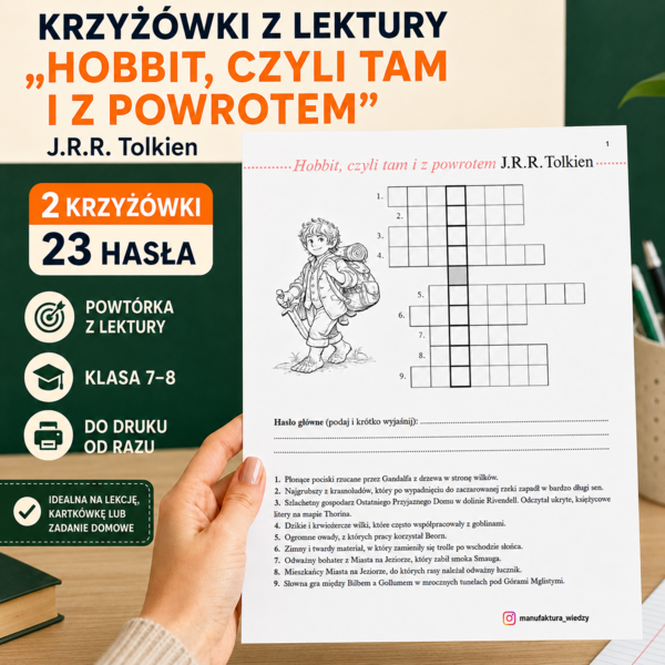 Krzyżówki z lektury „Hobbit, czyli tam i z powrotem” – 2 karty pracy | 23 hasła | sprawdzian, egzamin ósmoklasisty, powtórzenie