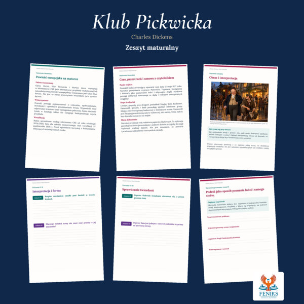 Klub Pickwicka — Charles Dickens | Zeszyt maturalny: szczegółowe omówienie, 66 zadań i tematów oraz klucz odpowiedzi