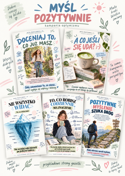 Myśl  pozytywnie, kampania optymizmu, motywatory, gazetka, plakaty
