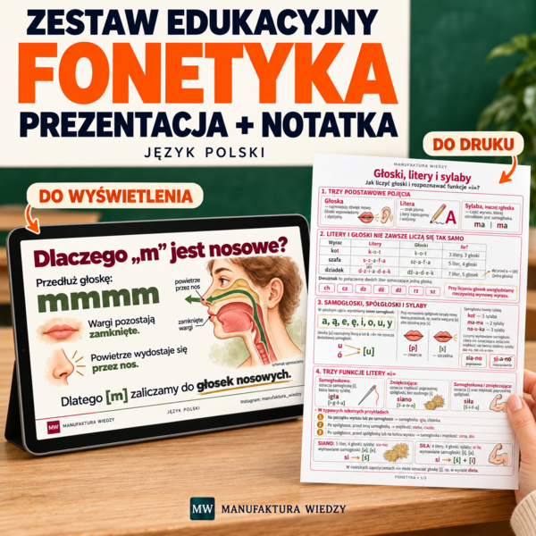 Fonetyka – prezentacja 77 slajdów + notatka do druku – głoski, litery, sylaby, funkcje „i”, akcent