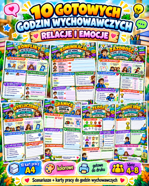 10 GOTOWYCH GODZIN WYCHOWAWCZYCH – RELACJE I EMOCJE | scenariusze 45 min + 10 kolorowych kart pracy A4 | klasy 4–8