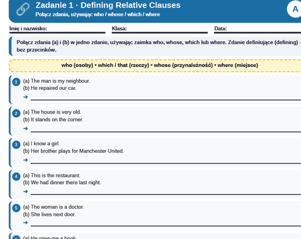 Relative clauses /gerung and to infinitive- karta pracy