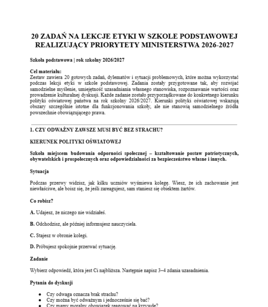 20 ZADAŃ NA LEKCJE ETYKI W SZKOLE PODSTAWOWEJ REALIZUJĄCY PRIORYTETY MINISTERSTWA 2026-2027
