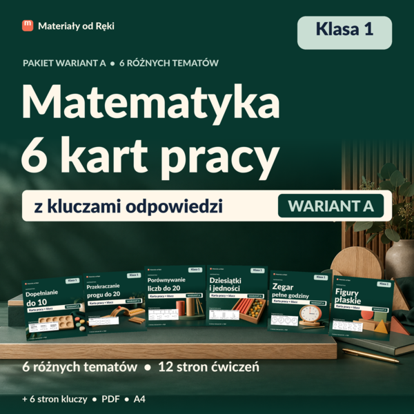 Matematyka klasa 1 - 6 tematów, 6 kart pracy z kluczami | Pakiet Wariant A