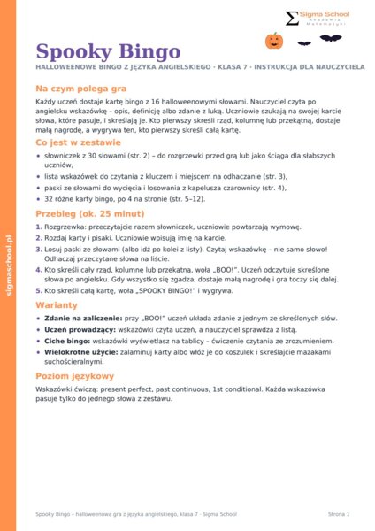 Halloween – Spooky Bingo – język angielski, klasa 7