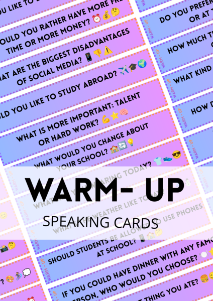 WARM-UP - speaking - zestaw 120 Speaking Cards - paski - questions - pytania - mówienie - angielski - ice-breaker - rozgrzewka - zajęcia grupowe - matura ustna -  do wydrukowania - do zalaminowania - B2 - .pdf