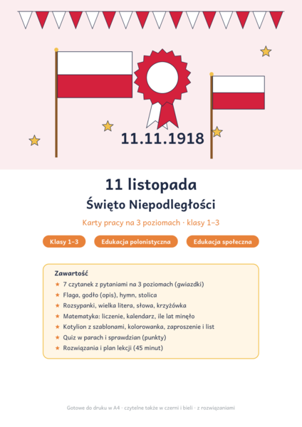 11 listopada – Święto Niepodległości: karty pracy klasy 1–3