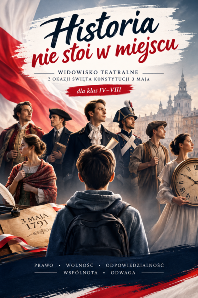 „Historia nie stoi w miejscu”.  WIDOWISKO TEATRALNE Z OKAZJI ŚWIĘTA KONSTYTUCJI 3 MAJA dla klas IV–VIII