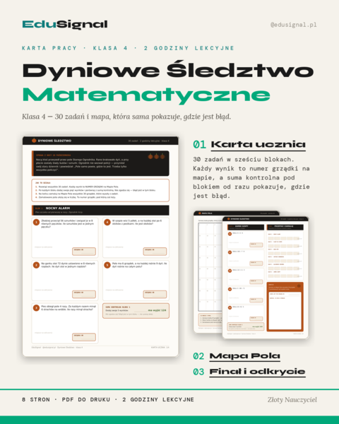 Dyniowe Śledztwo — gra matematyczna, klasa 4 (30 zadań + mapa + klucz)