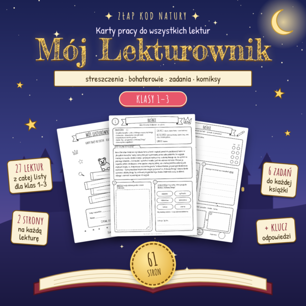 Lekturownik dla klas 1–3 – karty pracy do 27 lektur ze streszczeniami i zadaniami (PDF, 61 stron)
